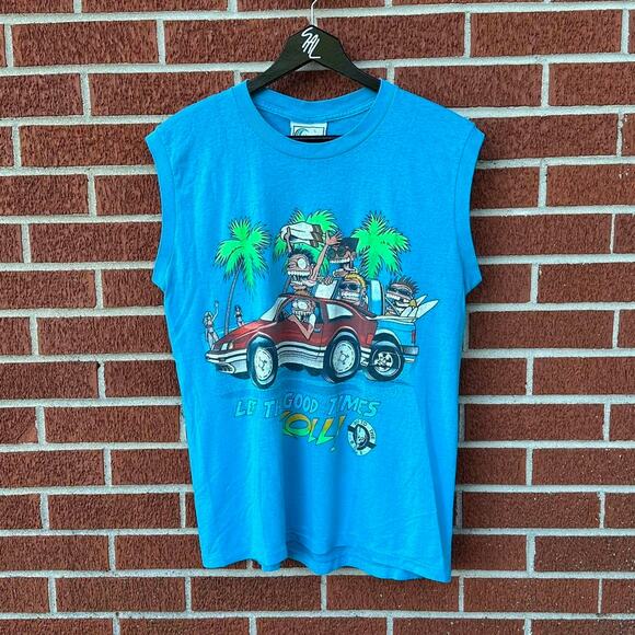 Vintage 80s 90s let the good times roll bad to the bone car sleeveless shirt - Picture 1 of 5
